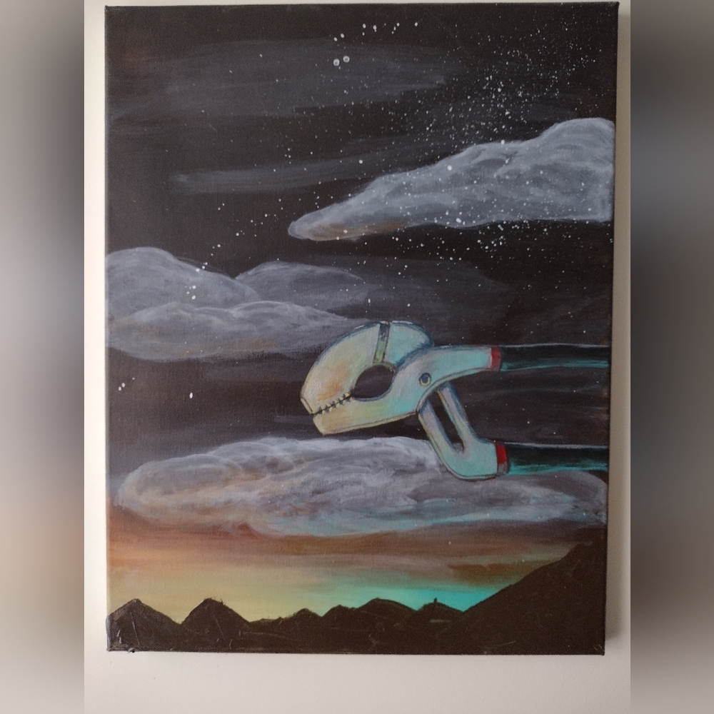 Original Surreal Painting, Sunset, Wrench
